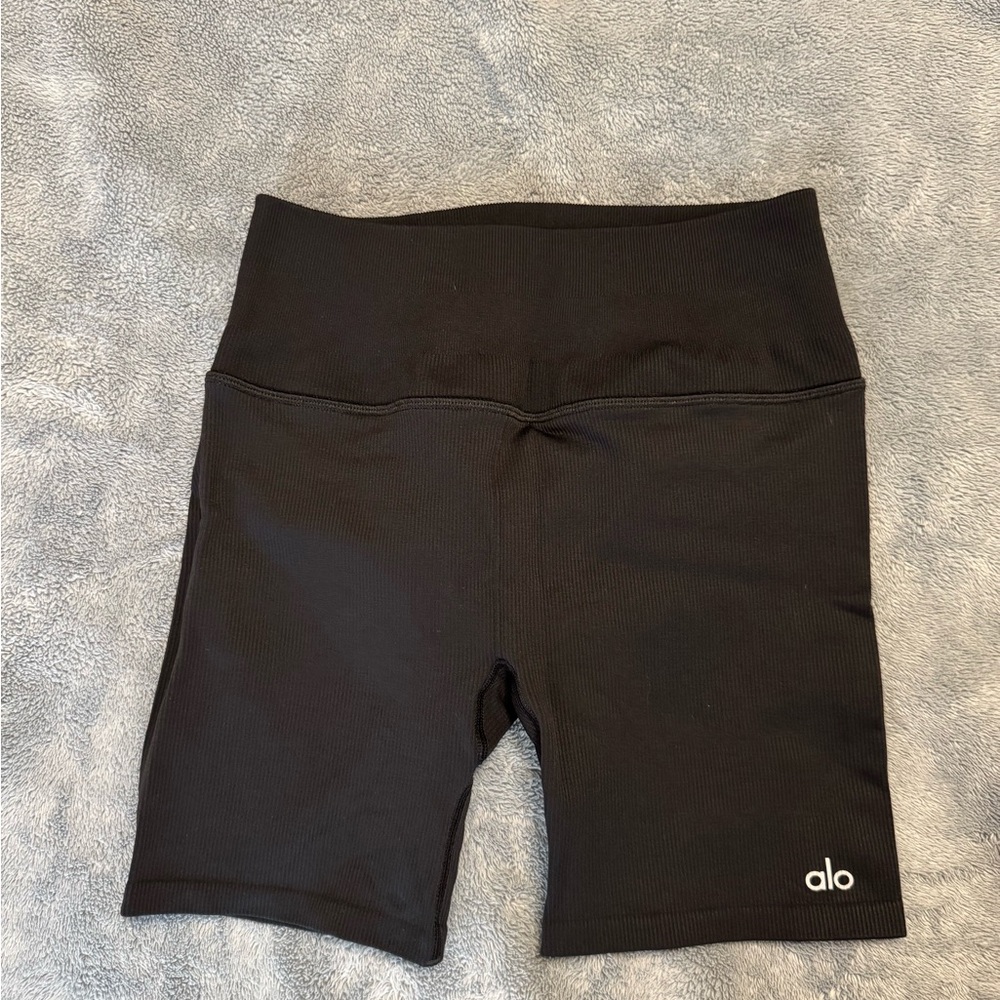 ALO Yoga Black Ribbed High-Waist Bike Shorts